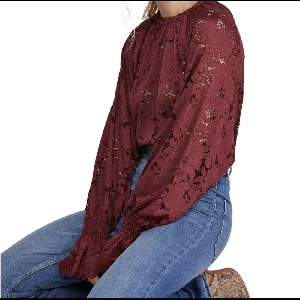 Free People Olivia Long Bell Sleeve Women Burgundy Lace Top